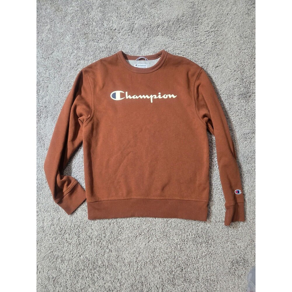 Champion PowerBlend Crewneck Sweatshirt Brown Tan Size Medium Full Chest Logo